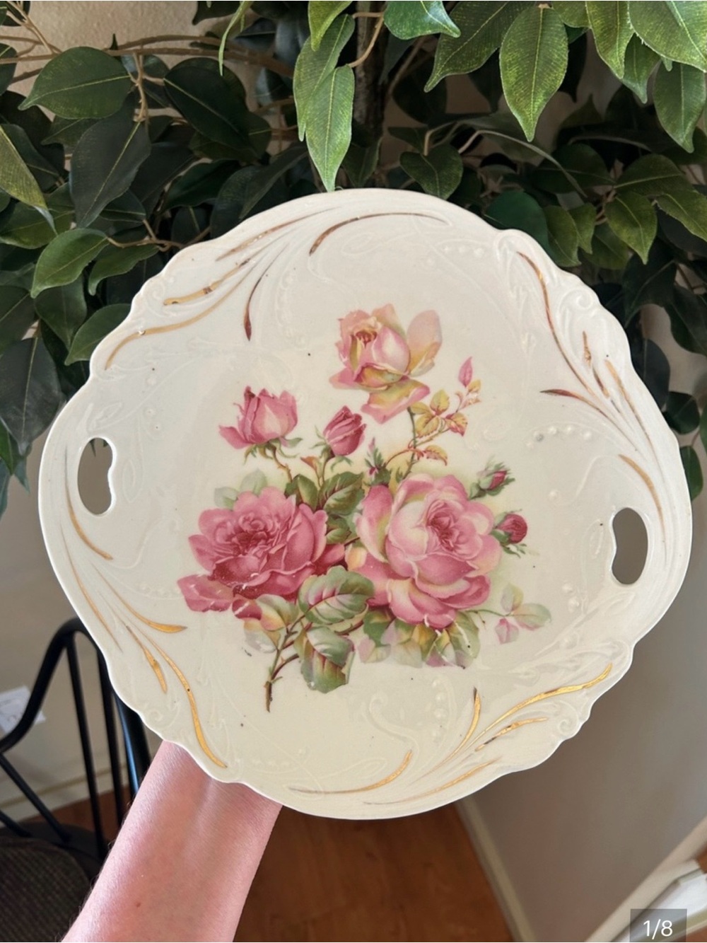 Bavaria Plate Hand Painted Gold & Pink Roses & Raised Thorne Vines Cake Plate
